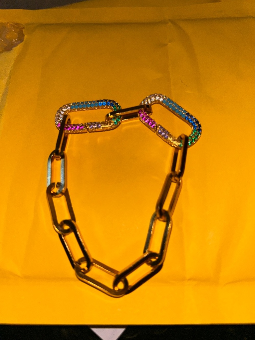 Gold Link Chain Bracelet with Multicolor Pavé Links
